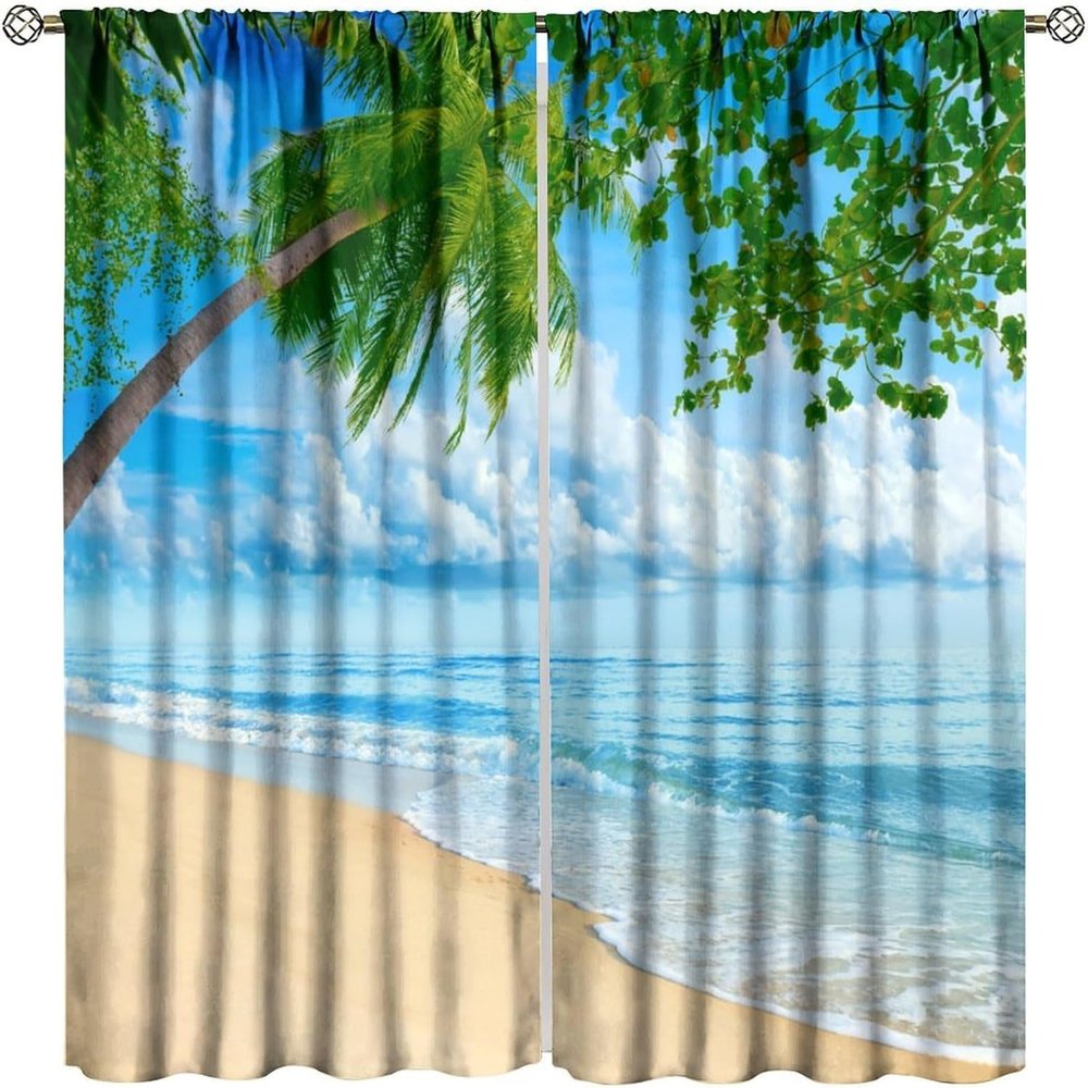Insulating Blackout Curtain, Beach Tree Landscape, 170 x 200 cm (W x H), 3D Printed
