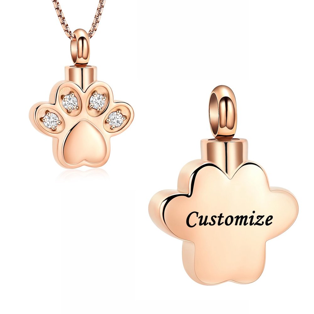 AIWENXI Crystal Paw Print Cremation Jewelry for Dog/Pet Ashes, Stainless Steel Memorial Urn Pendant Necklace for Men and Women