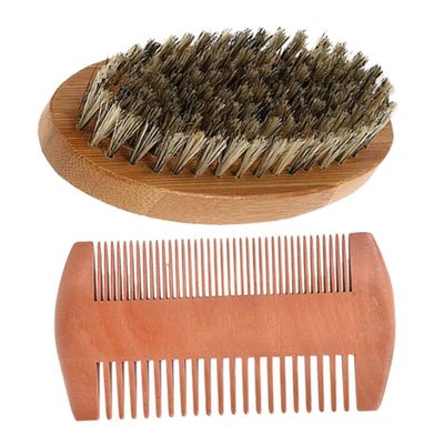 Men's Beard Care Set with Wooden Comb and Bristle Brush, Beige