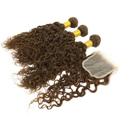 Larafona Brazilian Virgin Human Hair Bundles with 4x4 Lace Closure, Curly, Medium Brown #4, 10"+10"+10"+10"