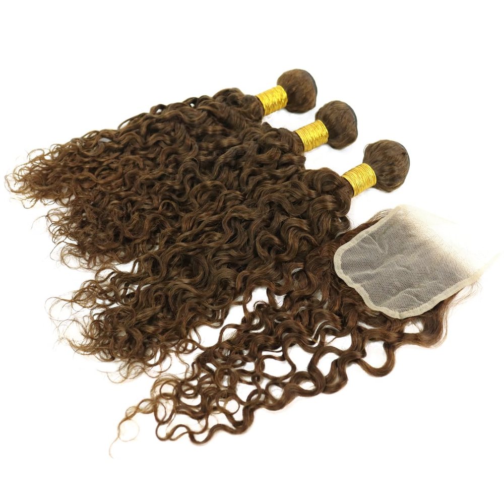 Larafona Brazilian Virgin Human Hair Bundles with 4x4 Lace Closure, Curly, Medium Brown #4, 10"+10"+10"+10"