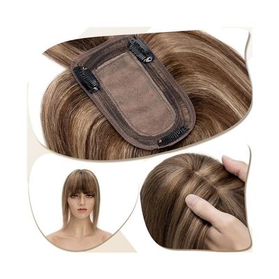 Women's Hair Topper, 15.24 × 5.7 cm, Human Hair with Bangs, 7 × 12.5 cm Silk-Base Clip-In, 150% Density, Straight, Medium Brown