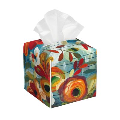Leather Tissue Box Cover with Abstract Floral Pattern