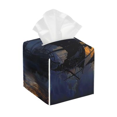 Square PVC Leather Tissue Box Cover with Pirate Sailboat Print