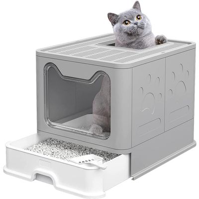 XXL Foldable Cat Litter Box with Lid, Drawer and Scoop, Gray (51 × 41 × 38 cm)