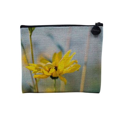 Linen-Look Cosmetic Bag, Pink Flower Close-Up Nature Design, Yellow Meadow, 15 x 10 cm