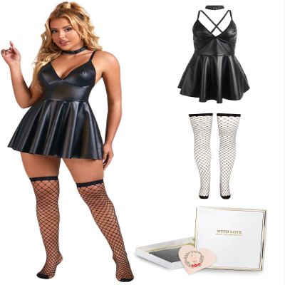 ohmydear Women's Sexy Short Babydoll PU Leather Dress Lingerie, Black Set, L