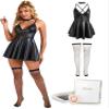 ohmydear Women's Sexy Short Babydoll PU Leather Dress Lingerie, Black Set, L view 1