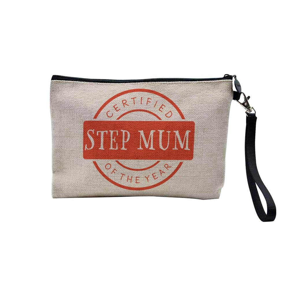 Linen-Effect Cosmetic Bag, “Best Family” Cousin Brother Sister Mum Dad Mommy Father Mother, Stem Mum Badge, 23.5 x 15 cm