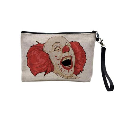 Linen-Effect Cosmetic Bag, Halloween Witch, Wizard and Monster Design, 23.5 x 15 cm