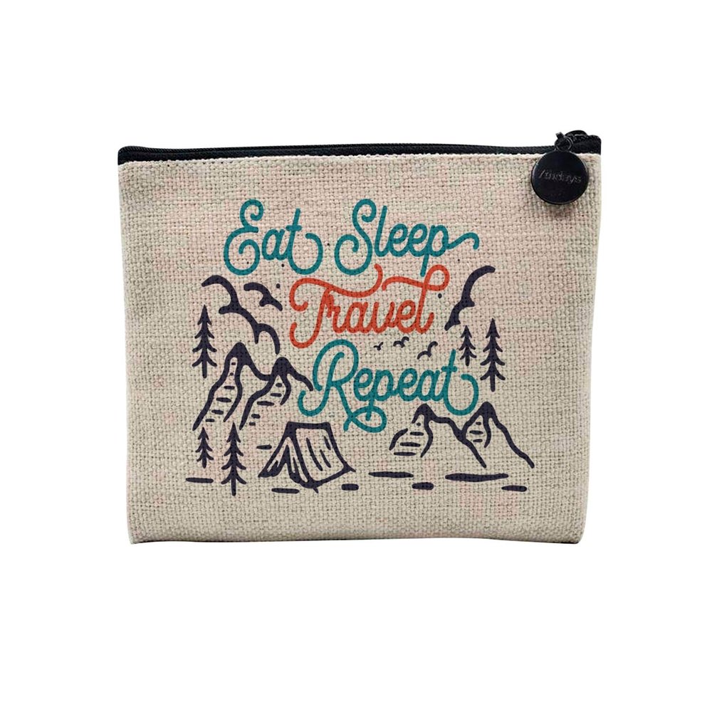 Linen-Look Makeup Bag, Eat Sleep Travel, 15 x 10 cm