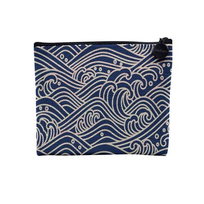 Linen-Effect Cosmetic Pouch, Hokusai Ocean Wave Design, 15 x 10 cm