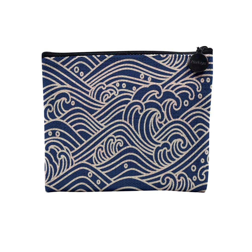 Linen-Effect Cosmetic Pouch, Hokusai Ocean Wave Design, 15 x 10 cm