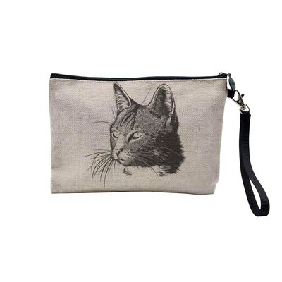 Linen-Look Cosmetic Bag with Cat Sketch, 23.5 x 15 cm