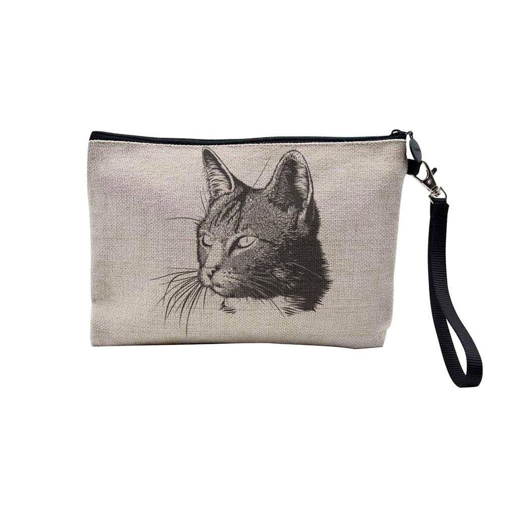 Linen-Look Cosmetic Bag with Cat Sketch, 23.5 x 15 cm