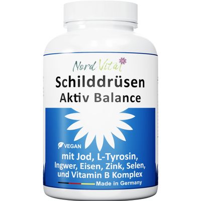 Thyroid Active Balance – 13-in-1 Complex with Iodine, L-Tyrosine, Ginger, Selenium, Iron, Vitamin A & B Complex – 180 Capsules – Made in Germany – No Unwanted Additives – Vegan