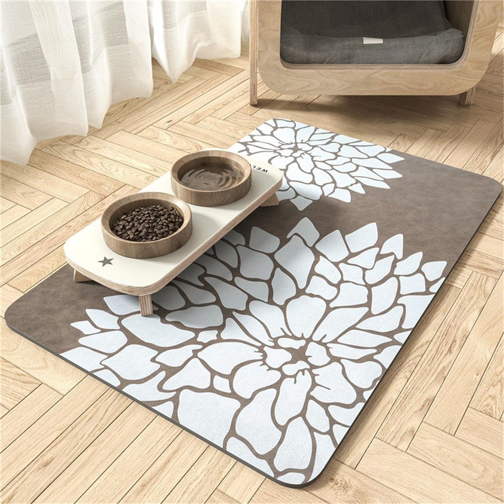 Hearda Non-Slip Dog Feeding Mat, Floral Pattern, Absorbent Quick-Dry Pet Bowl Mat, Light Brown, 20 x 30 cm