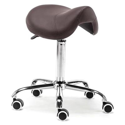 JAVPTAV Saddle Stool with Wheels, PU Leather, Swivel Salon Seat, Adjustable 48–60 cm, Brown