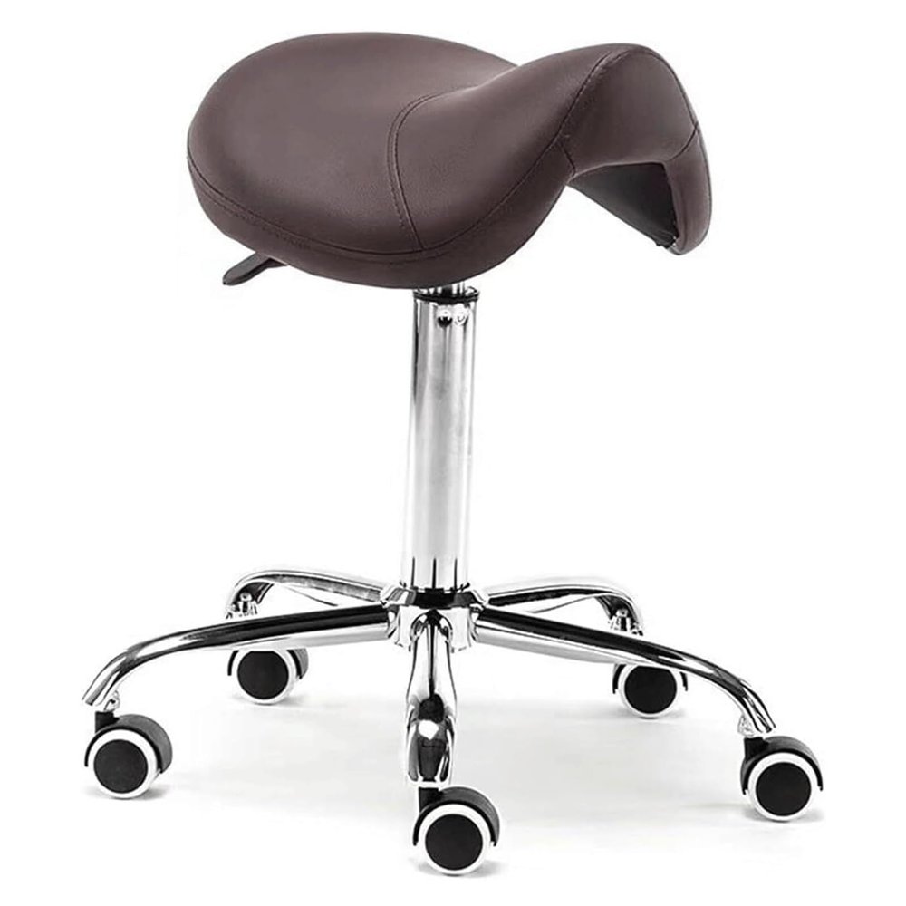 JAVPTAV Saddle Stool with Wheels, PU Leather, Swivel Salon Seat, Adjustable 48–60 cm, Brown