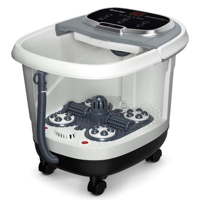 COSTWAY 500W Foot Spa with Massage, Shower Function, Heating, Shiatsu Rollers, Timer and Wheels, Gray