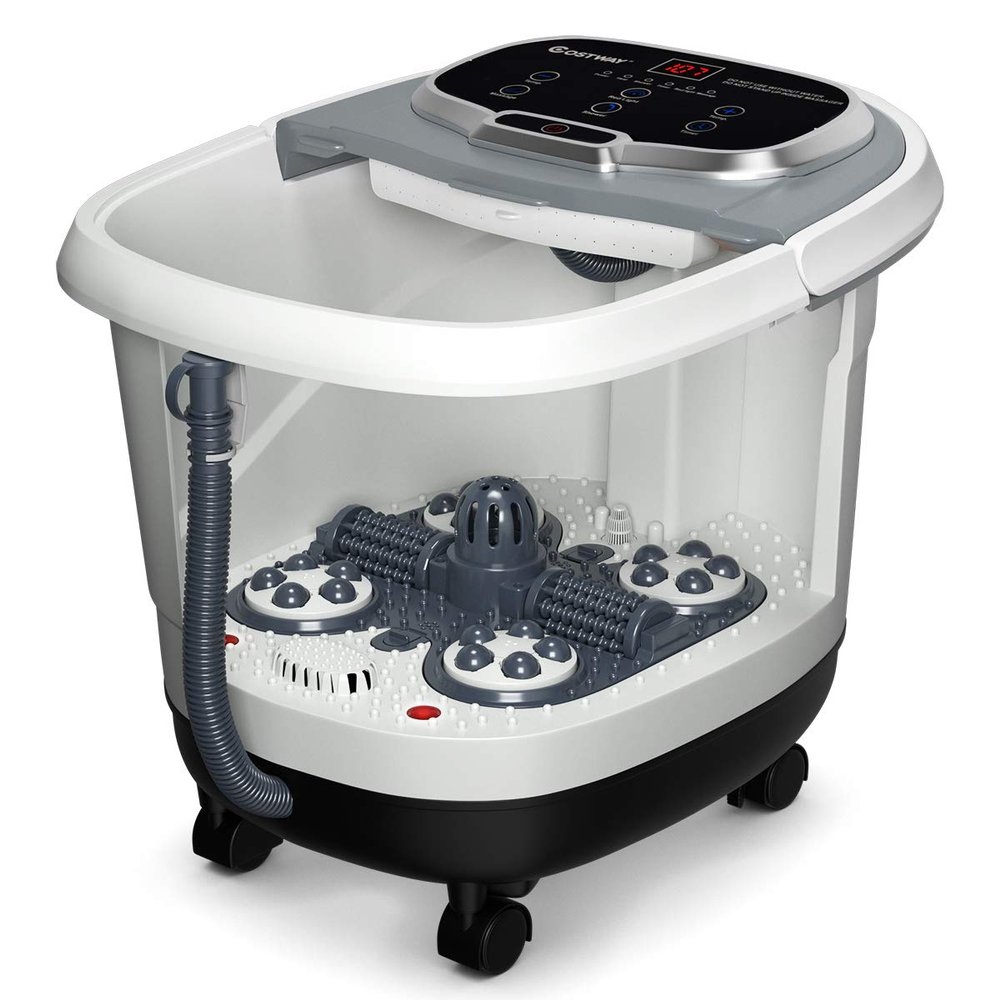 COSTWAY 500W Foot Spa with Massage, Shower Function, Heating, Shiatsu Rollers, Timer and Wheels, Gray