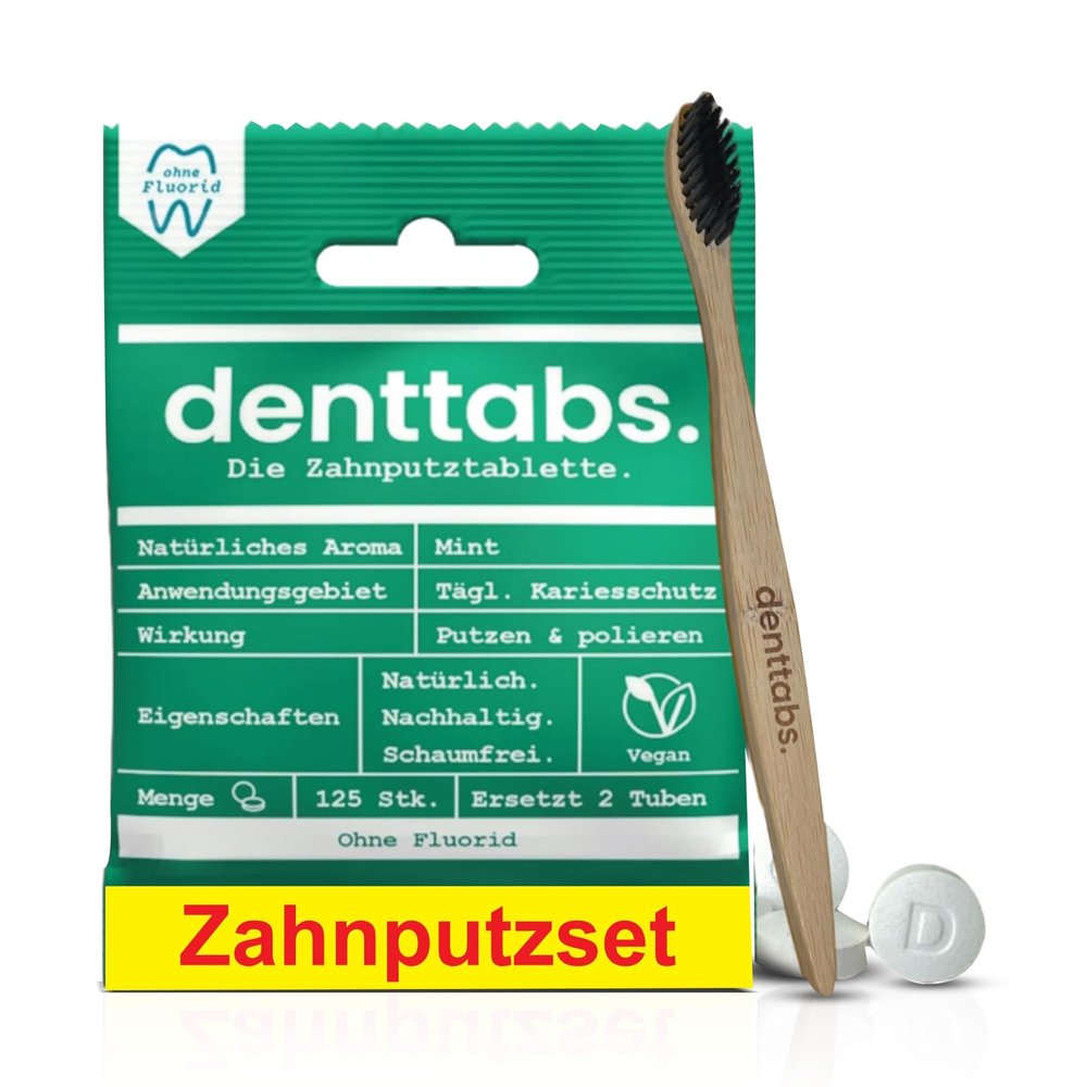 Denttabs Tooth-Cleaning Set – Fluoride-Free Mint Tablets, 125 Count + Ultra-Soft Bamboo Toothbrush
