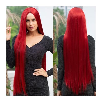 Women's 40 in Long Straight Red Synthetic Wig, 130% Density, Middle Part
