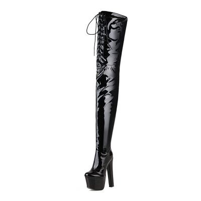 Women's Fashion Boots, 17 cm, Stylish Club Over-the-Knee Boots, Chunky Heel, Super High-Heel Boots, Faux Girls' Cross-Dressing Shoes