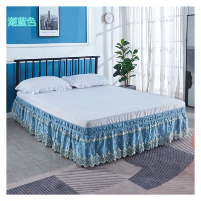 Delicate Double-Layer 3D-Embroidered Floral Lace Ruffle Bed Skirt with Strong Elastic Band, Lake Blue, Twin 100 × 200 × 38 cm