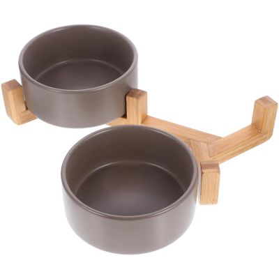 Ceramic Double Pet Bowl with Wooden Stand