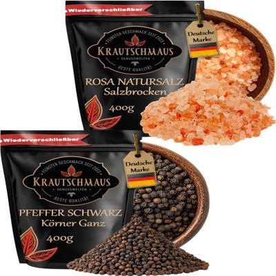 Krautschmaus Salt & Pepper for Mills, 400 g Each – Pink Coarse Himalayan Salt & Black Peppercorns