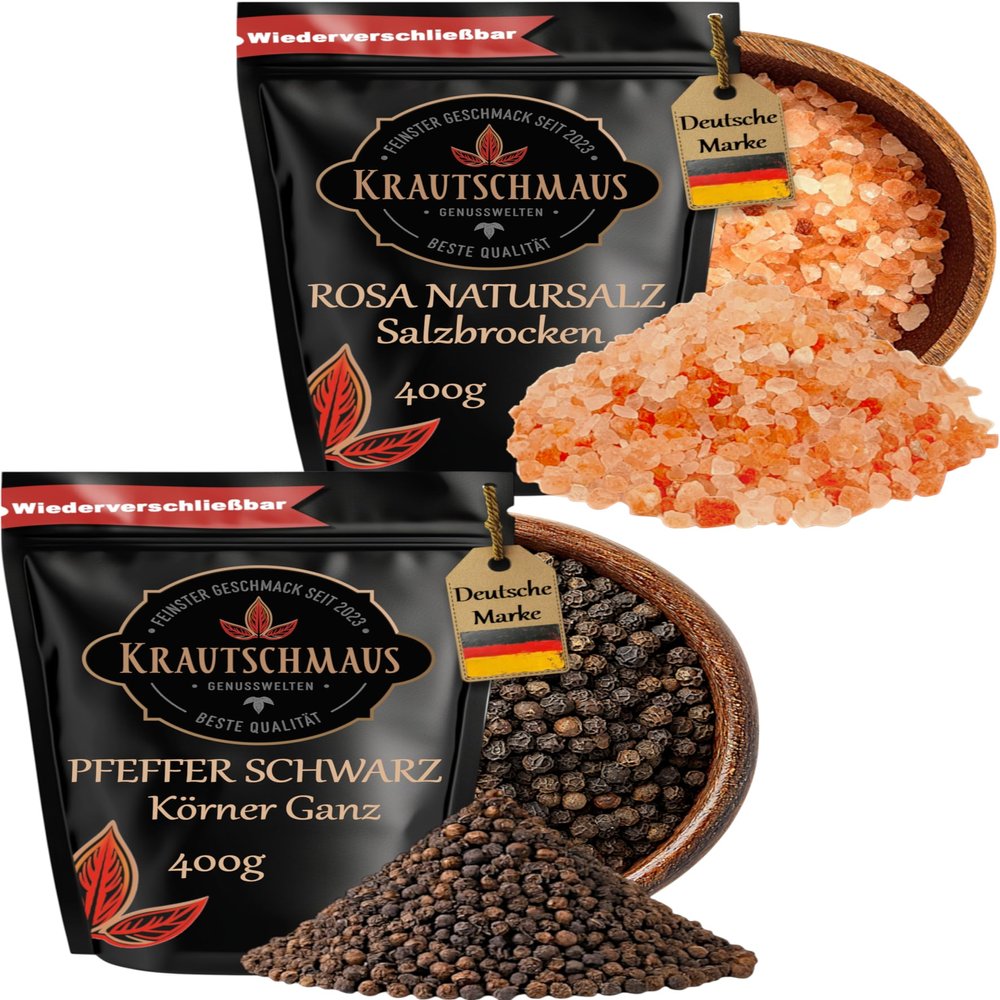 Krautschmaus Salt & Pepper for Mills, 400 g Each – Pink Coarse Himalayan Salt & Black Peppercorns
