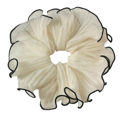 5-Piece Pleated Fabric Scrunchie Set, Elastic Hair Ties with Large Ruffles, Cream White