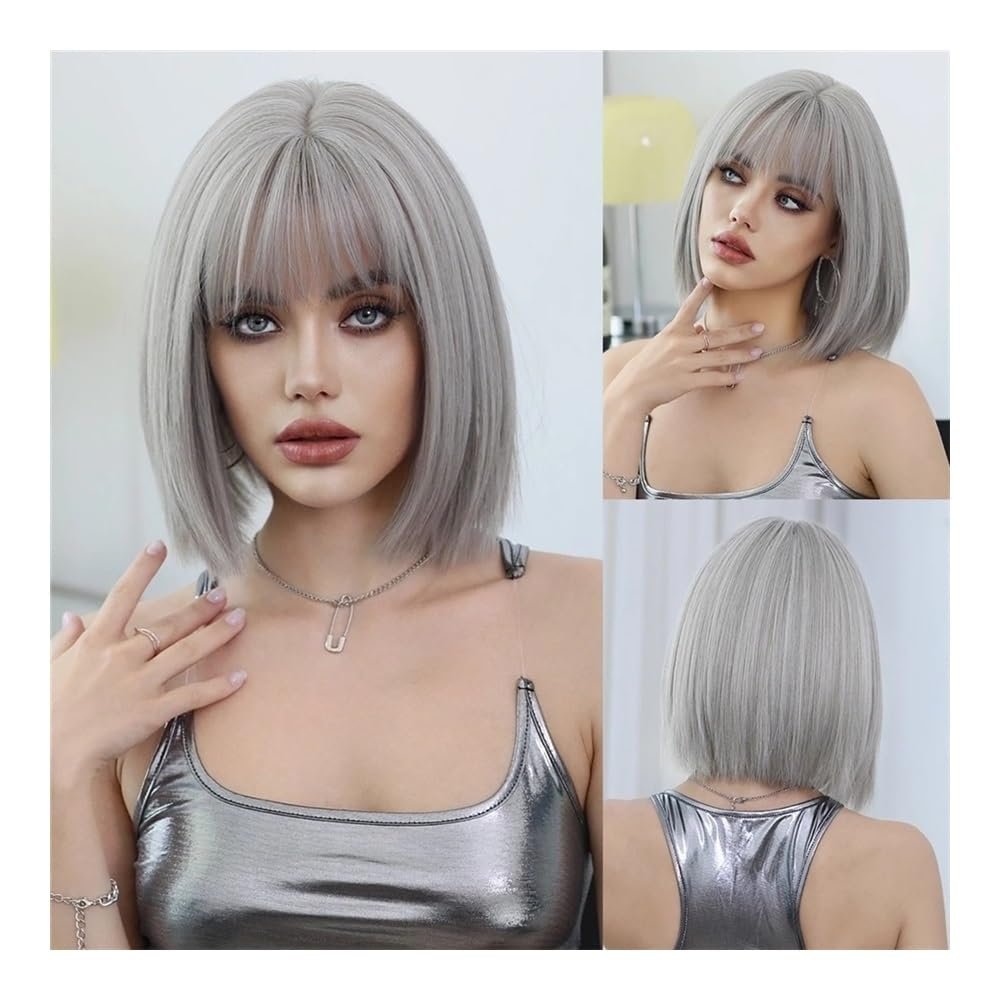 fengqingyunyan0304 Bob Wig, Light Brown, Straight, for Women, Fashionable, Blonde, High Density, Full Bangs (Off-White)