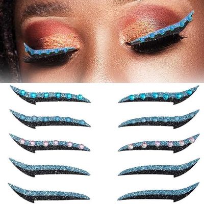 5 Pairs of Blue Glitter Eyeliner Stickers with Rhinestones