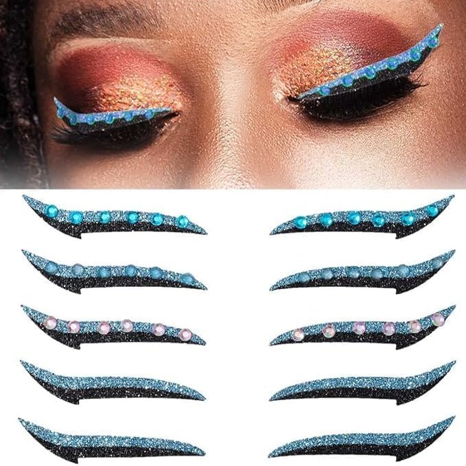 5 Pairs of Blue Glitter Eyeliner Stickers with Rhinestones