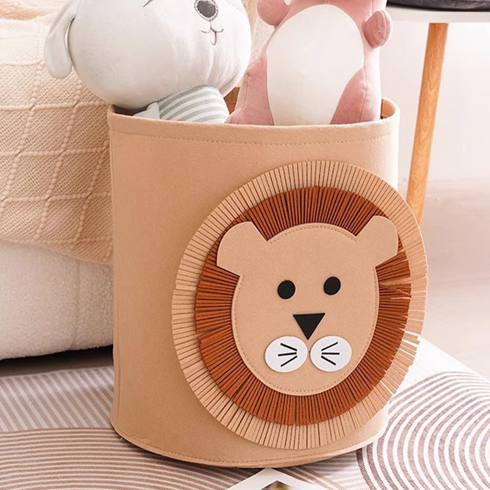 Pawleso Kids Storage Basket, 42 L Foldable Felt Toy Organizer, 35 x 35 cm, Brown Lion