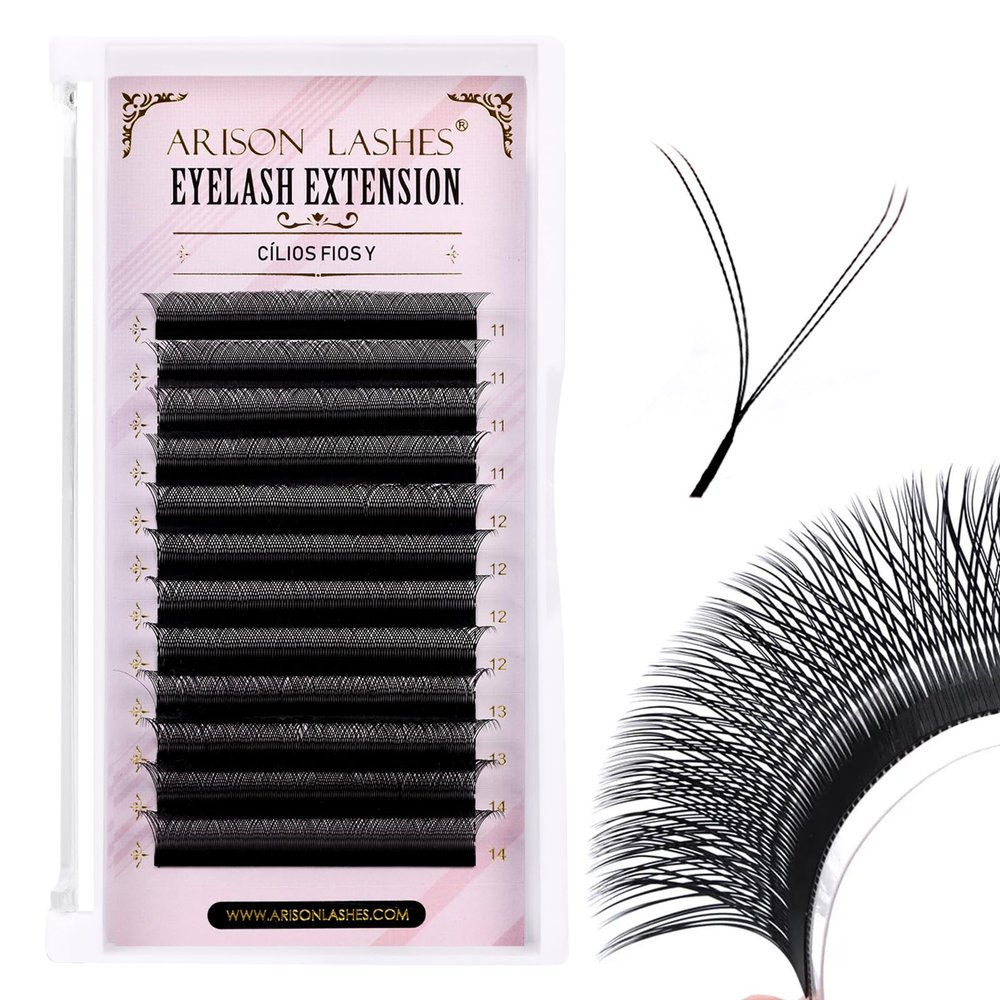Arison Lashes YY Eyelash Extensions, 0.07 mm, D Curl, 11–14 mm, Premade Y-Shape Volume Fans, 12 Rows, Soft Matte Synthetic Silk