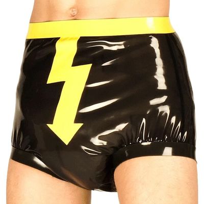 TUNAYI Black and Yellow Sexy Latex Diaper with Lightning Trims, Smocked Rubber Bloomers Shorts Underwear - Black with Yellow, Male XL