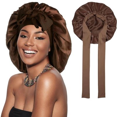 Catelves Satin Sleep Bonnet for Long Hair, Adjustable, Brown