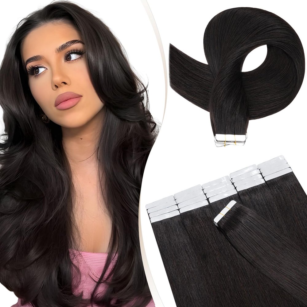 Elailite Tape Extensions Human Hair Black 40 cm Remy Straight Hair, 20 Pieces, Invisible Tape-In Extensions, Silky Skin Weft (30 g, #1B)