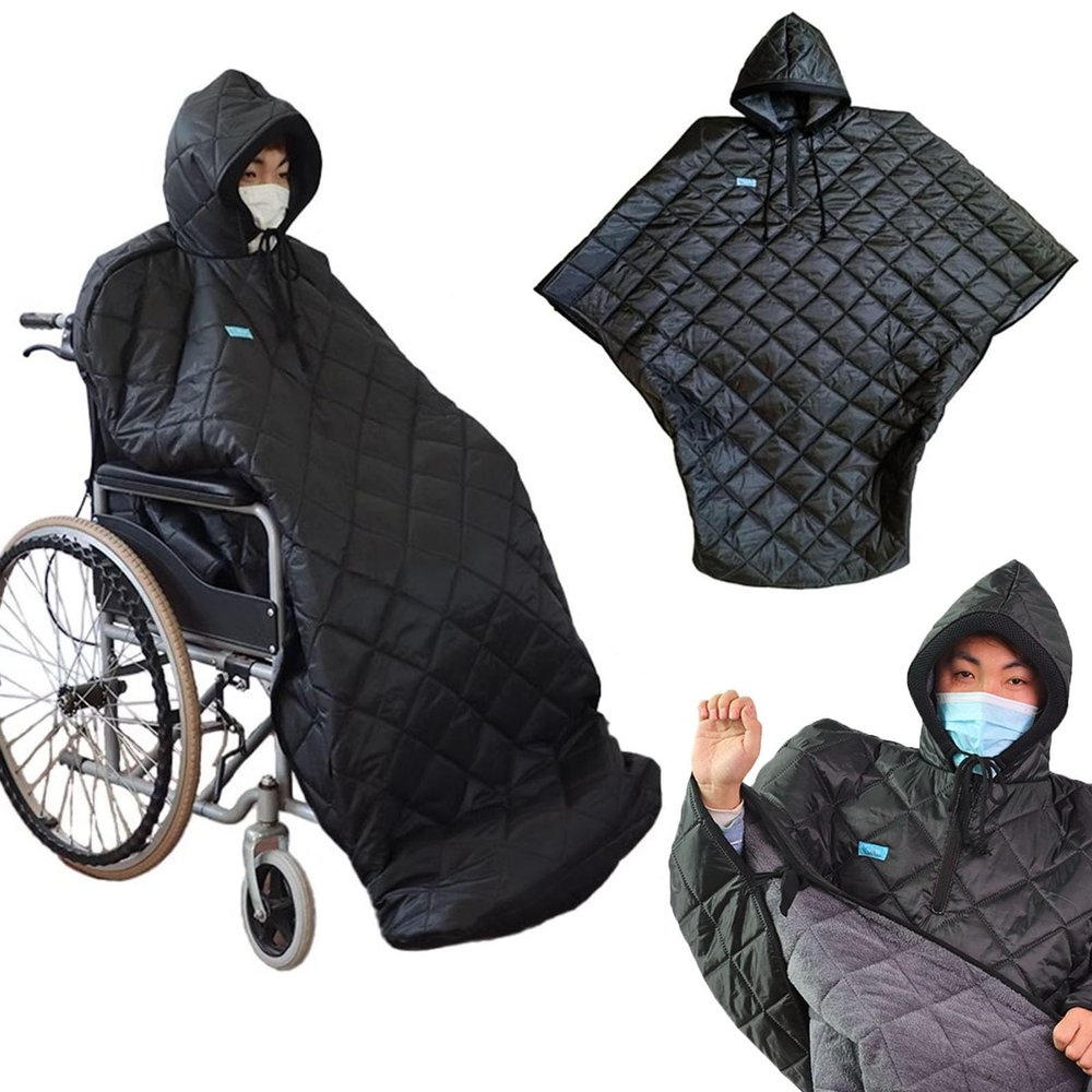 Rusopobe Windproof Warm Full-Body Wheelchair Blanket with Hood, Plush-Lined Poncho for Adults Under 175 cm