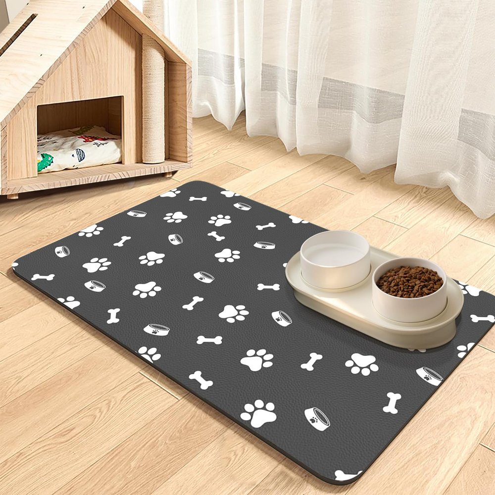 Pet Feeding Mat - Absorbent and Quick-Drying (Dark Gray - Multiple Paws, 30 x 50 cm)
