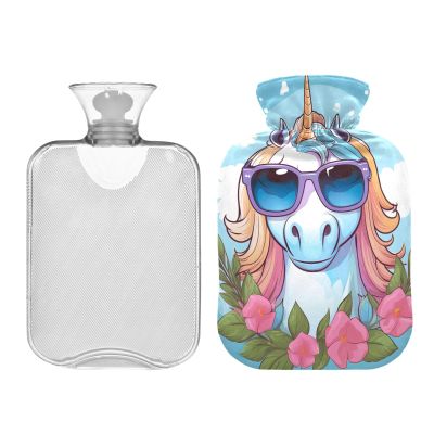 Cute Unicorn Hot Water Bottle with Sunglasses, 2 L Heat Therapy Bag