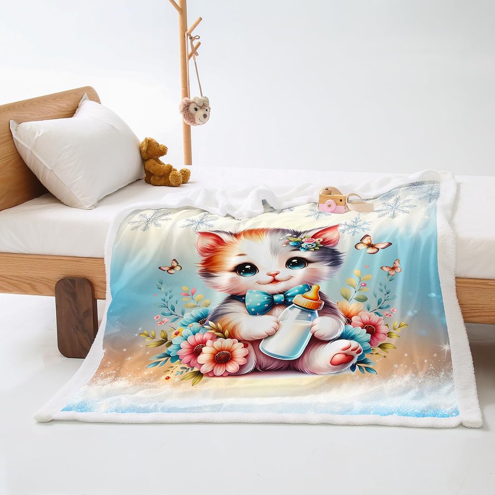 Cute Cat Flower Flannel Sherpa Throw Blanket, Soft and Washable, 130 x 150 cm