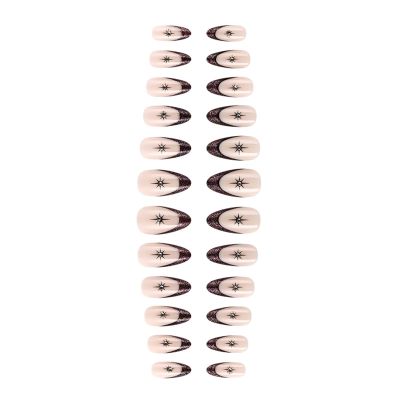 24 Short Almond Press-On Nails with Glitter Stars and French Tips