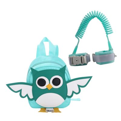 Kids Safety Backpack with Wrist Leash, Cartoon Owl, Green