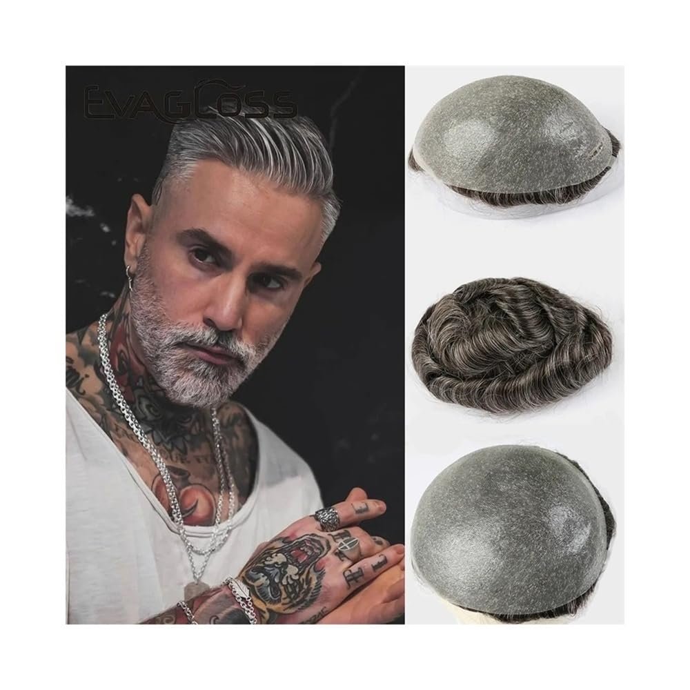 Men’s Toupee, 6 in, Soft Human Hair Replacement System, 8 x 10 in, Thin Skin V-Shaped Hairpiece, Full PU Base