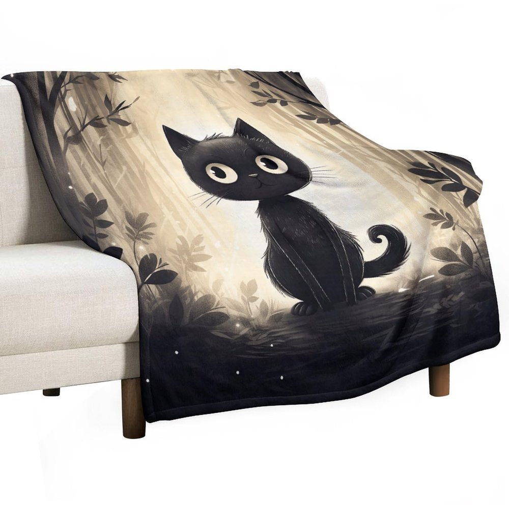 Super-Soft Printed Flannel Blanket with Hand-Drawn Black Cat, Lightweight, Cozy, Anti-Pilling, 152.4 x 203.2 cm