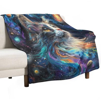 KWQDOZF Fantasy Galaxy Cat Throw Blanket for Couch and Sofa, Soft, Fluffy Cozy Flannel, Colorful Stars and Planets, Cute Kitty Blanket for Camping and Travel, 127 x 177 cm